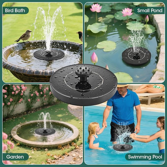 1.4W Solar Bird Bath Fountain Pump, Solar Fountain, Solar Powered Water Pump, Outdoor Water Fountain with 6-in-1 Nozzles, Free Standing Floating Solar Powered for Bird Bath, Pond, Pool, Outdoor