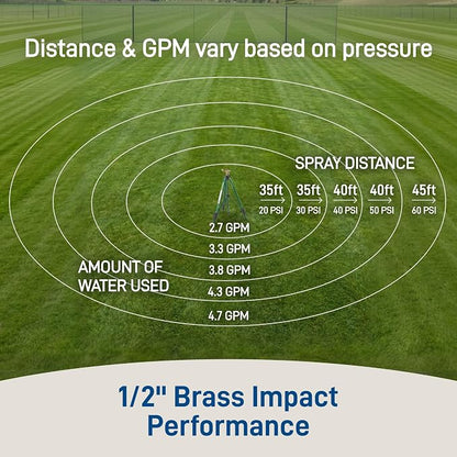 Orbit 1/2 Inch Brass Impact Sprinkler - Adjustable Metal Tripod - Long Range Lawn Watering System - 360 Degree Rotating Sprinkler - Heavy Duty Irrigation System - Adjustable 22-48 Inch Height - 58308