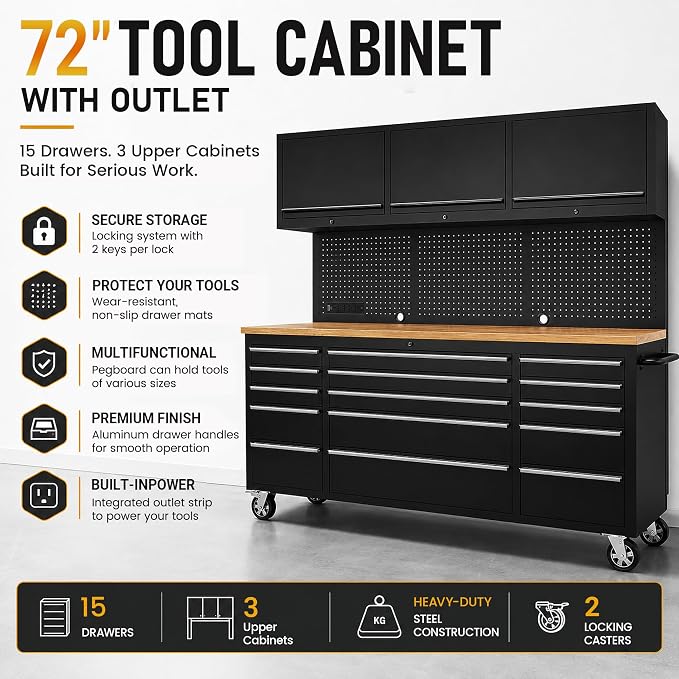 CHETTO C 72-inch Rolling Tool Chest Cabinet Mobile Workbench with 15 Storage Drawers and Wheels 3 Uper Cabinet Outlet SS Pegboard Black Tool Box for Garage
