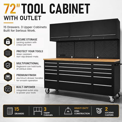 CHETTO C 72-inch Rolling Tool Chest Cabinet Mobile Workbench with 15 Storage Drawers and Wheels 3 Uper Cabinet Outlet SS Pegboard Black Tool Box for Garage