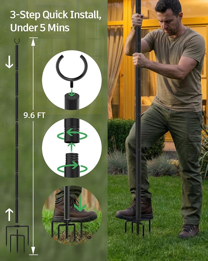 LAND·VOI Outdoor String Light Poles 4 Pack, Heavy Duty String Light Poles for Outside with 5-Prong Base & Adjustable Height, Perfect for Backyard, Patio, Garden, Fence and Party Decor