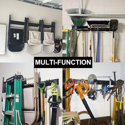 Wallmaster Garage Storage Organization Wall Mount, Garden Tool Rack Organizer Heavy Duty Folding Chair Hangers with 12 Adjustable Hooks 96inch Tracks Max Load 900lb