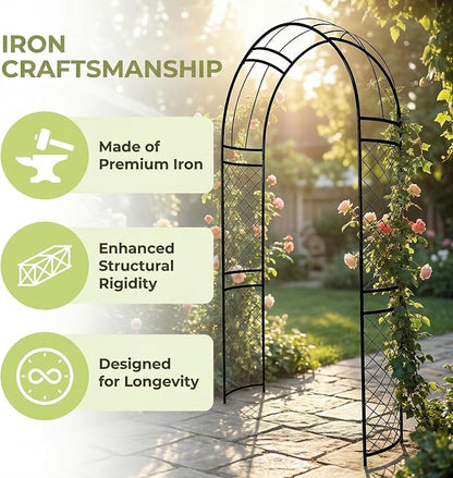 SCENDOR Metal Garden Arch with Lattice Side Panels 88.6" H x 50.8" W– Heavy-Duty Arbor for Climbing Roses, Vines, and Outdoor Patio, Lawn, Backyard, Wedding Decor (Black)