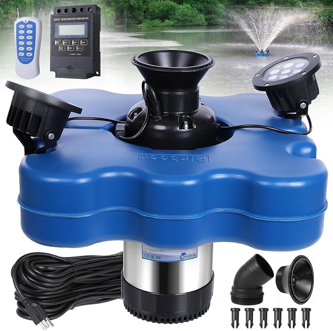 Pond Fountain Aerator with Lights,Floating Fountain for Outdoor Large Ponds | AC110V 1HP 750W with 15000 GPH RGB Light Aeration Aerating Fountain Pump for Outdoor Ponds & Lakes with 15A/100FT Power Cord