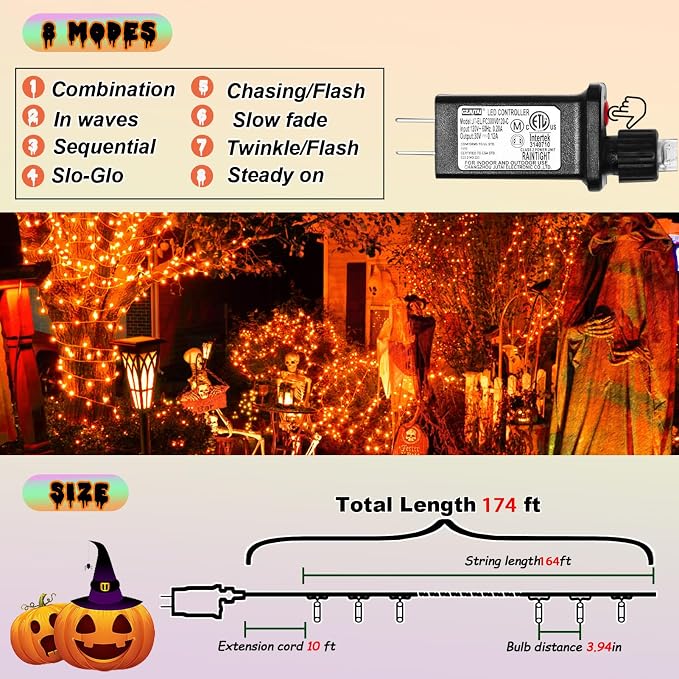 Orange String Lights Outdoor Halloween Decorations, 8 Modes 500 Led 174Ft Fairy Thanksgiving Day Lights Plug in for Bedroom Tree Outsides Decor (Orange, 500Led)