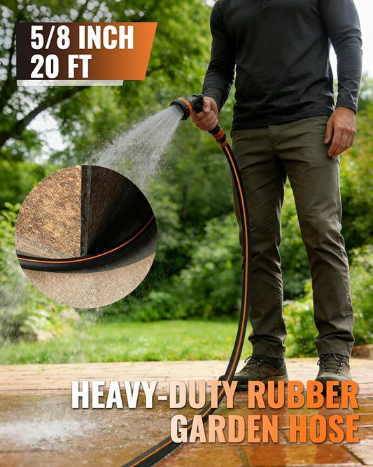 20FT x 5/8" Rubber Garden Hose, Heavy Duty Garden Hose, 300 PSI Working, 1000 PSI Burst, Swivel Handle with Stainless Steel Ring, 5-Layer Braided, All-Weather Outdoor Use, BG20GH06