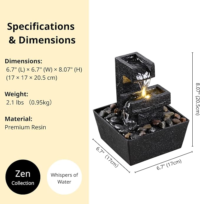 8 Inch Modern Black Tabletop Water Fountain with LED Light – Indoor Waterfall Feature for Home or Office Décor, Zen Relaxation Desktop Water Fountain Outdoor