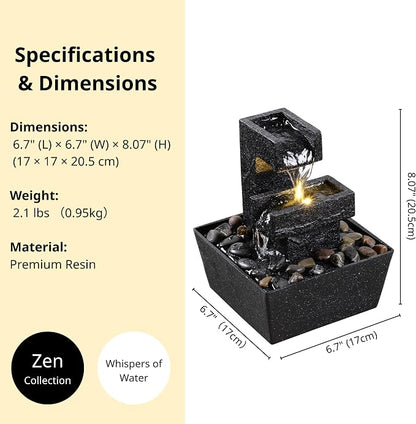 8 Inch Modern Black Tabletop Water Fountain with LED Light – Indoor Waterfall Feature for Home or Office Décor, Zen Relaxation Desktop Water Fountain Outdoor