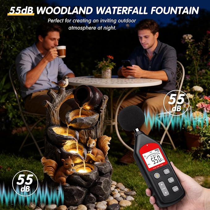 30.1" Outdoor Water Fountain with LED Lights, 4-Tier Waterfall Garden Decor with Squirrel Design, Resin Waterfall Fountain with Pump, Garden Water Feature for Patio Porch Yard, Gray