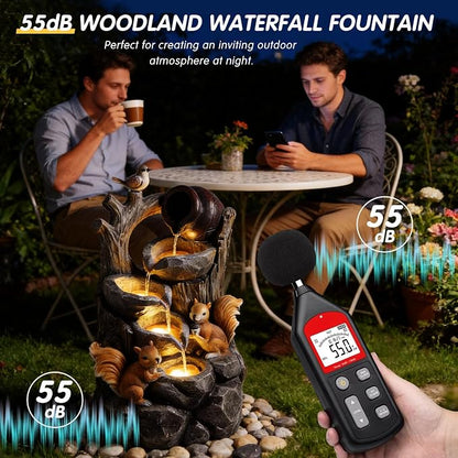 30.1" Outdoor Water Fountain with LED Lights, 4-Tier Waterfall Garden Decor with Squirrel Design, Resin Waterfall Fountain with Pump, Garden Water Feature for Patio Porch Yard, Gray