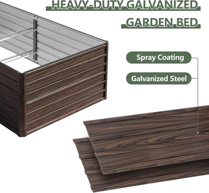 Galvanized Raised Garden Beds, 8x4x2FT Outdoor Planter Boxes with Safety Edging and Gloves, Rustic Country Style Metal Garden Bed Kit for Vegetables Flower and Fruits (Brown Wood Grain