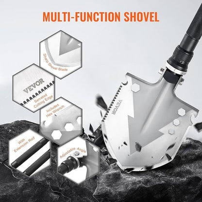 VEVOR Survival Shovel, 11 in 1 Camping Shovel Folding Multitool Kit, Portable and Compact, Stainless Steel, Multifunction for Off-Roading, Camping, Hiking, Outdoor, Survivalist and Emergency