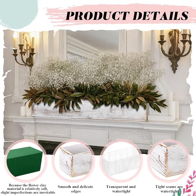 Dandat 2 Set Wood Boxes for Centerpieces 16x4 Inch Rectangle Wooden Planter Box Rustic Wooden Planters with Removable Plastic Liner Floral Foam Blocks for Christmas Wedding Home Garden Decor(White)