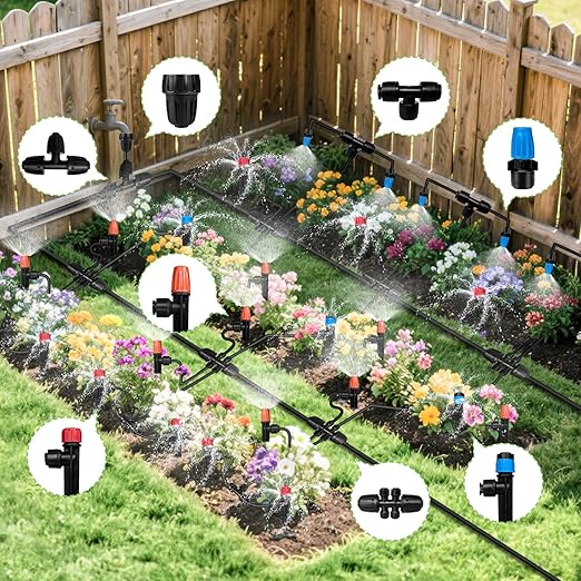 260FT Drip Irrigation System for Garden with 40 Nozzles & Emitters, Garden Watering System with 1/2" & 1/4" Tube and Barbed Fittings - Adjustable Sprinklers Kit for Greenhouse,Lawn,Pond De-Icer