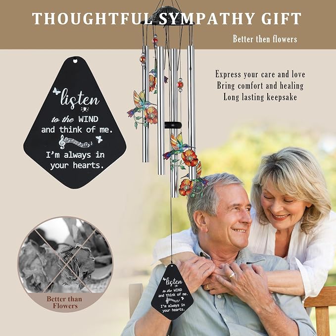 YU FENG Hummingbird Memorial Wind Chime, Yellow Flower Suncatcher Decor | 34 Inch Metal Wind Chime, Crystal Prism Accent, Sympathy Gift For Mom Grandma, Outdoor Garden Patio Decor