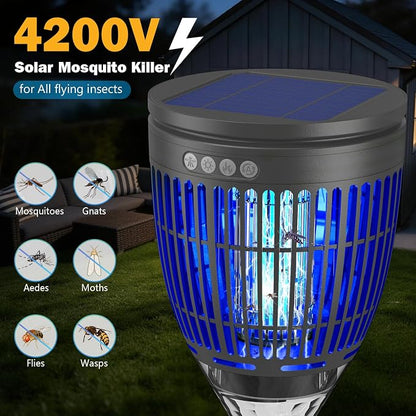 All in 1 Solar Bug Zapper Outdoor, Flame & Projection Mode, Auto/Manual Modes, 4200V Electric Mosquito Killer with High Powered, IPX5 Waterproof Rechargeable Fly Insect Trap for Patio Garden Yard RV