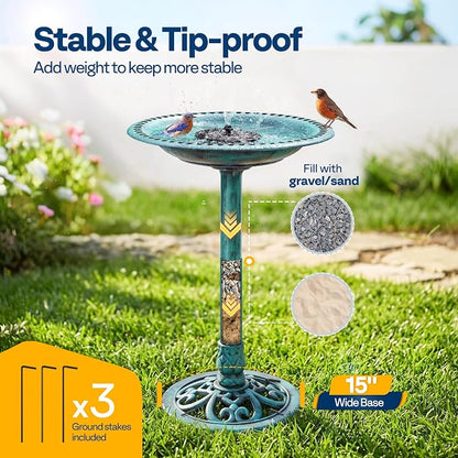 VIVOHOME Bird Bath with Solar Fountain for Outside, Polyresin Pedestal Bird Baths with Solar Powered Pump for Outdoor, Garden, Weather-Resistant Birdbaths with 20" Bowl, Green