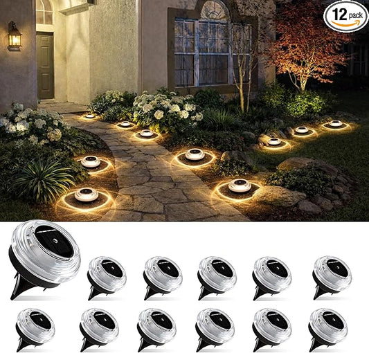 Solar Driveway Lights 12 Pack, Solar Deck Lights Outdoor IP67 Waterproof, 3000K Warm White Solar Ground Lights Landscape Path Lighting for Step Sidewalk Stair Garden Ground Pathway Yard