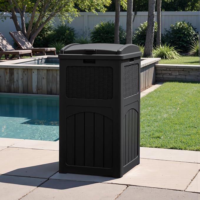 Greesum 33 Package Delivery Box for Outside, Waterproof Resin Garbage Bin with Lid for Hideaway, Deck, Patio, Black