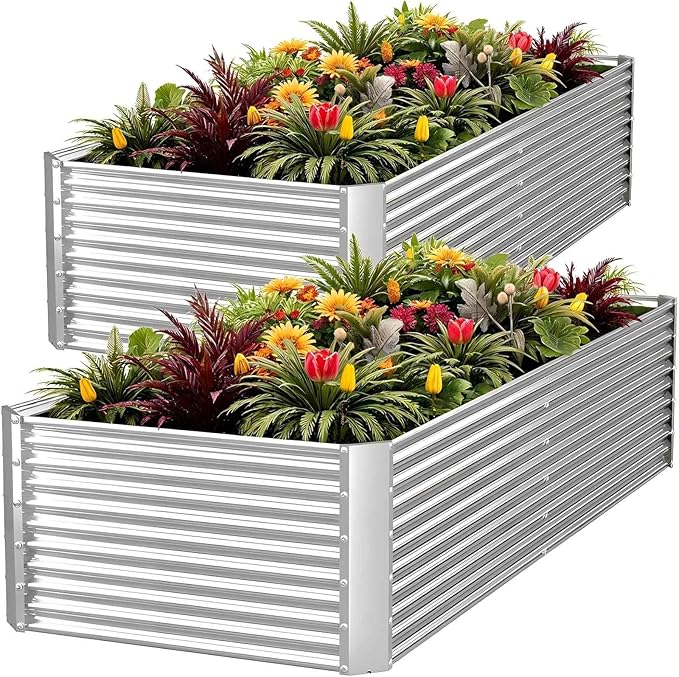 2pcs Tall 8ft Galvanized Raised Garden Bed Outdoor,Steel Garden Bed for Vegetables,Above Ground Garden Box for Flower,Metal Raised Beds for Gardening - 8x3ft