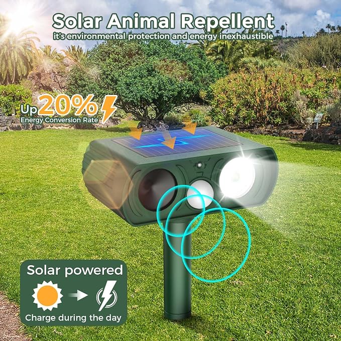 Upgraded Solar Ultrasonic Animal Repellent Outdoor, Deer Repellent Devices Squirrel Cat Raccoon Rabbit Dog Deterrent, Keep Skunk Away Motion Detection with Flash Light for Yard Garden Lawn 1PACKGreen