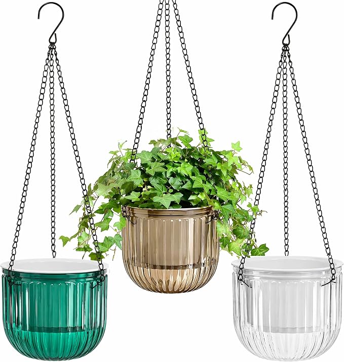 Pumtus 3 Pack Hanging Planters for Indoor Plants, 6.5 Inch Self Watering Flower Pot with Drainage Hole, Plastic Hanging Basket with 3 Hooks Chains, Plant Holder for Outdoor Plants, Herbs (3 Colors)
