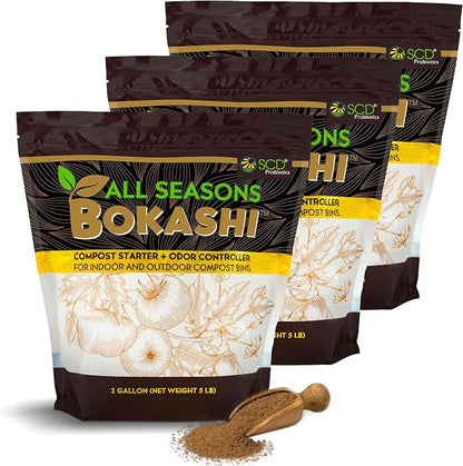 All Seasons Bokashi Compost Starter - Dry Bokashi Bran for Kitchen Compost Bin - Compost Food & Pet Waste Quickly & Easily with Low Odor by SCD Probiotics - 3 Pack (15 lbs)
