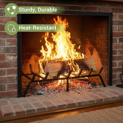 24 Inch Fireplace Grate, 1/2" Solid Steel Fireplace Log Holder, Heavy Duty Firewood Log Burning Rack with 7 Support Bars & 6 Support Legs for Indoor Outdoor Camping