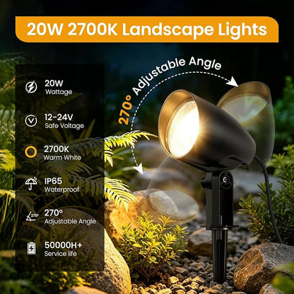 Low Voltage Landscape Lighting Kit, 20W 2700K LED Landscape Lights with Transformer 65FT Wire & Connectors, IP66 Waterproof Pathway Lights Outdoor Spotlight for Garden Yard Patio (6 Pack)