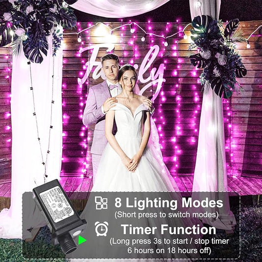 2 Pack Christmas Lights Outdoor, Total 200FT 600LED Christmas Tree Lights Indoor Waterproof, Plug in 8 Modes String Lights for Outside Bedroom Patio Garden Party Holiday Decorations, Pink