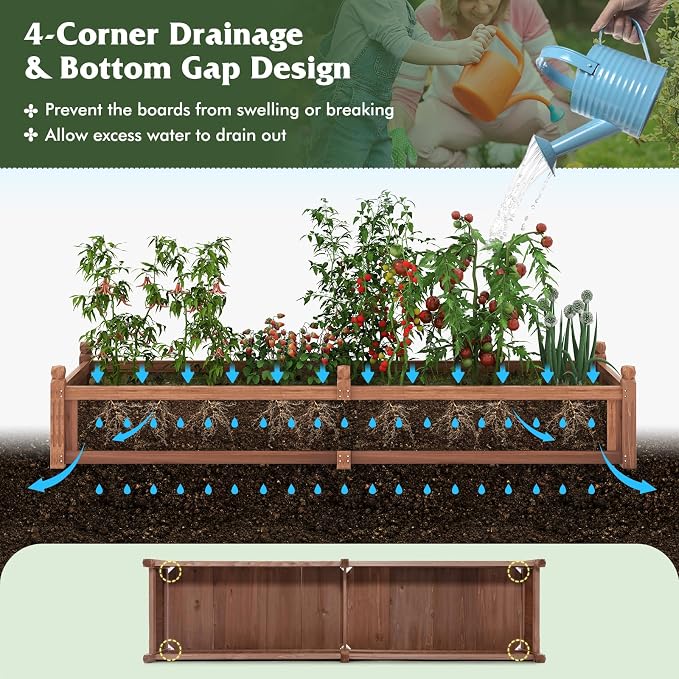 S AFSTAR Wooden Raised Garden Bed, 91"L x 24"W x 16"H Outdoor Rectangular Planter Box with Liner & 4-Corner Drainage Holes, Planter Container for Garden Patio, Raised Bed for Veggies Fruit Flower Herb