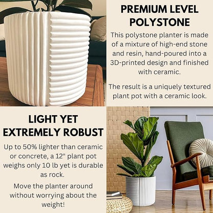Fox & Fern Large Indoor Planter, Modern Large Plant Pot for Indoor or Outdoor, UV and Frost Resistant - 12 inch, Matte White Flower Pot with Drainage Plug, 3D Printed Design