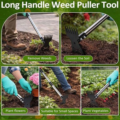 Weed Puller Tool with Long Handle-Vertical Adjustable Weeder, 2-in-1 Garden Hoe and Weeding Rake Combination, Weeding Tool for Garden, Lawn, Farm and Courtyard