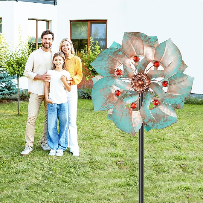 Wind Spinners Outdoor, Retro Green 2‑Blade Kinetic Wind Sculpture with Red Gems, Dual‑Direction Windmill with 5‑Prong Base, Height Adjustable Yard Art for Lawn Patio Garden, 12.6" W x 63" H