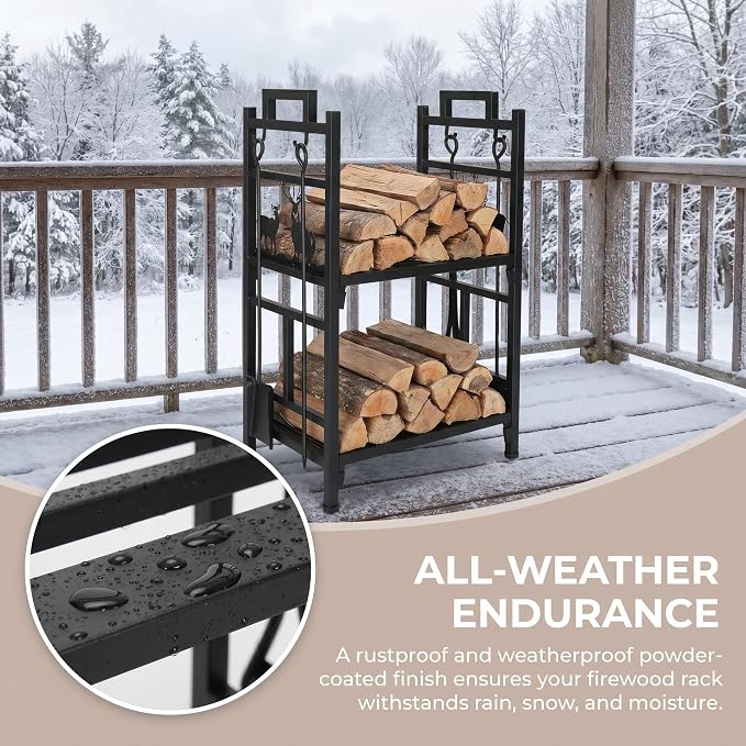 Firewood Rack Outdoor, 18 Inch 2 Tier Firewood Storage Log Rack with Heavy Steel Tube Construction, Wood Rack for Indoor Fireplace & Balcony (Black)