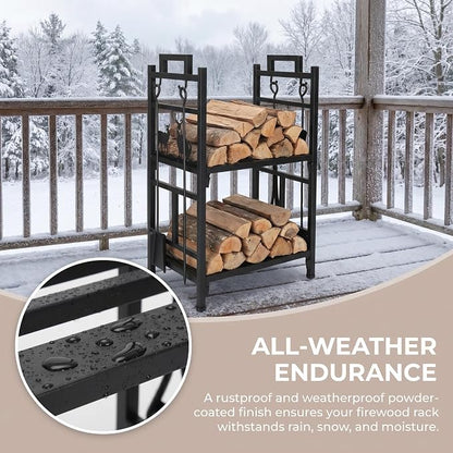 Firewood Rack Outdoor, 18 Inch 2 Tier Firewood Storage Log Rack with Heavy Steel Tube Construction, Wood Rack for Indoor Fireplace & Balcony (Black)