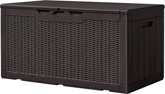 Greesum 100 Gallon Resin Deck Box Large Outdoor Storage, Imitation Rattan Weave Texture for Patio Furniture, Garden Tools, Pool Supplies, Weatherproof and UV Resistant, Lockable, Dark Brown