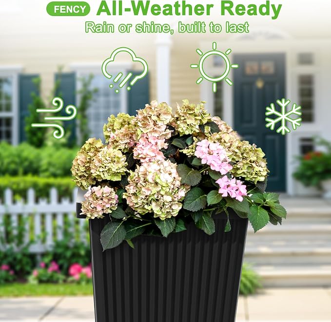 FENCY Set of 2 Tall Planters for Outdoor Plants, Black Ribbed | 24 Inch, with Drainage Hole & Trays, Plastic Tapered Pots, Weather-Resistant, Front Door Decor