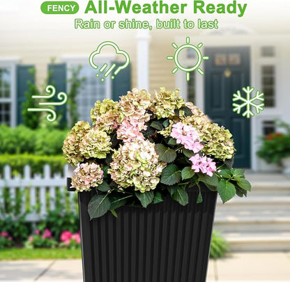 FENCY Set of 2 Tall Planters for Outdoor Plants, Black Ribbed | 24 Inch, with Drainage Hole & Trays, Plastic Tapered Pots, Weather-Resistant, Front Door Decor