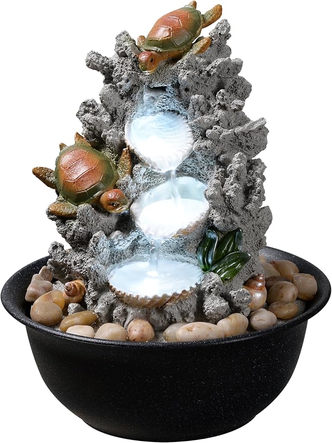 Indoor Tabletop Turtle Water Fountain with LED Light – Coastal Sea Life Desk Waterfall Feature with Soothing Sounds and River Rocks, Ocean Zen Decor for Home Office