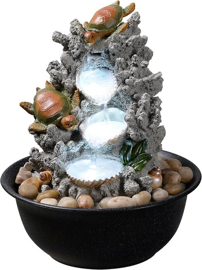 Indoor Tabletop Turtle Water Fountain with LED Light – Coastal Sea Life Desk Waterfall Feature with Soothing Sounds and River Rocks, Ocean Zen Decor for Home Office