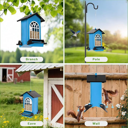 Gbekery Squirrel Proof Bird Feeder for Outdoors,5LB Large Capacity,Metal Wild Bird Seed Feeder with Bilateral Weight-Activated Perches for Outside Hanging,Garden Decoration,Blue