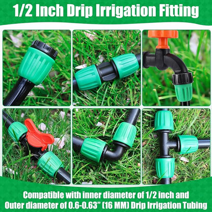 28 Pcs 1/2 Inch Drip Irrigation Fittings Kits,Drip Hose Connector for 1/2" Irrigation Tubing(1/2" ID x0.6-0.63"OD) with 6 Tees,6 Couplings,4 Switch Valves,4 End Cap, 4 Elbows,4 Faucet Adapter