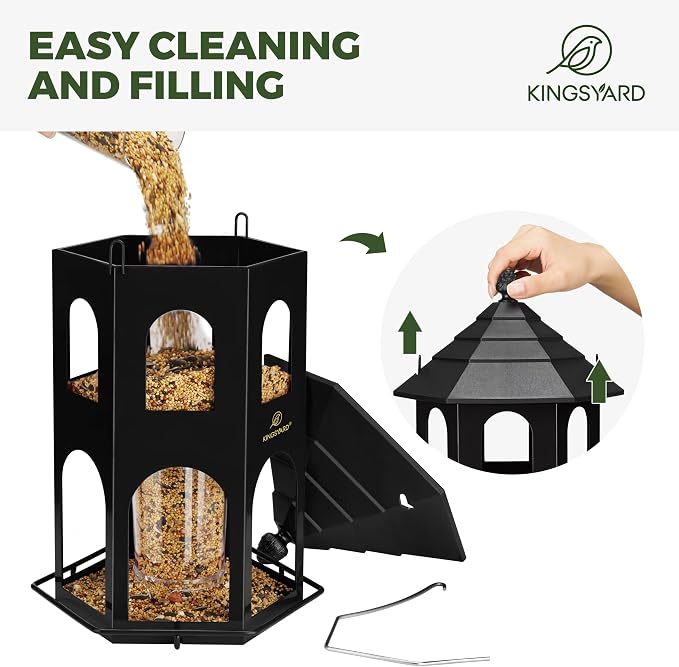 Kingsyard Metal Bird Feeder for Outdoor Hanging, Wild Bird Feeders with Circular Perch, Easy to Clean & Refill, 4 lbs Large Seed Capacity, Black
