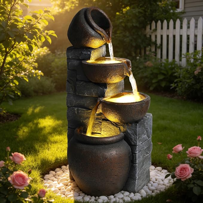 25.6" Outdoor Waterfall Fountain, Small Outdoor Fountain with LEDLights, Cracked Pot Tiered Design Garden Water Feature, Freestanding Resin Fountain for Patio Porch Backyard, Grayish Brown