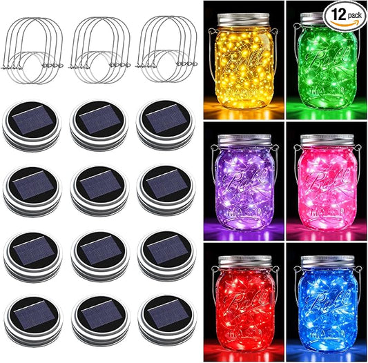 Mason Jar Solar Lights for Outside, 12 Pack 30LED Fairy Firefly Lights Mason Jar Solar Lids Outdoor Waterproof String Lights with Hangers(NO Jars) for Patio Garden Yard Lawn Decor(6 Colors)