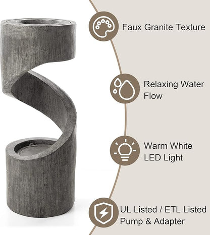 Glitzhome Outdoor Water Fountain with LED Light, Spiral Outdoor Fountain Waterfall with Stone Planter, Modern Curved Freestanding Fountain Water Feature for Garden Patio Backyard, 31.3" H