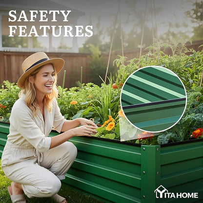 YITAHOME 12x4x1ft Galvanized Raised Garden Bed, Metal Planter Box with Safety Rubber, Gloves, Outdoor Flower Bed for Planting Plants Vegetables, Green