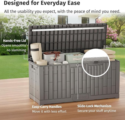 EAST OAK 120 Gallon Outdoor Storage Box | Large Resin Deck Box with Reinforced Stainless Steel Support | Waterproof & UV-Resistant Patio Storage Box for Cushions, Garden Tools & Accessories, Grey