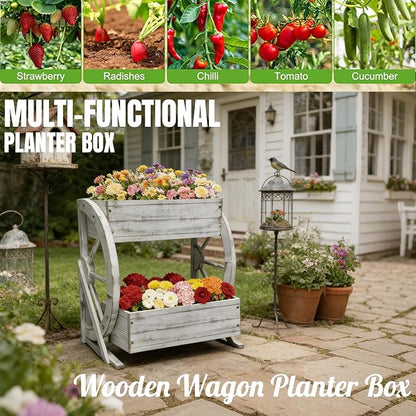NestNature Wooden Wagon Planter Box|Rustic Planter Use On Indoor&Outdoor | 2-Tier Medium Solid Wood Planter-Flower Pot Use On Patio,Porch,Garden-Raised Garden Bed For Succulents, Herbs, Vegetables